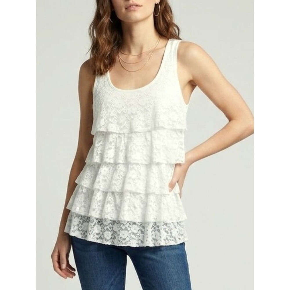 Blu-pepper Ruffle Tiered Lace Tank Top Ivory Cream Made in USA L